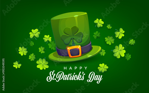 Leprechaun green hat between shamrock clovers on Happy St Patrick Day greeting card, vector irish holiday. Cartoon leprechaun top hat with golden buckle, lucky clovers and Happy Patrick Day greetings