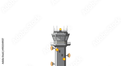 The top part of an air traffic control tower, featuring radar antennas, communication equipment, and bright yellow lights, on a white background.
