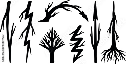 Minimalist silhouette vector set of leafless tree branches and roots various angles close up isolated black shapes studio lighting organic