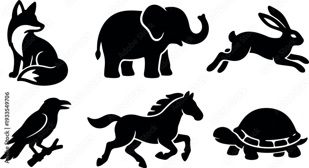 Fototapeta premium Minimalist silhouette vector set six animal icons fox elephant hare raven running horse and turtle isolated on white background collection