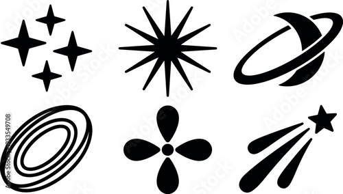 Flat design radial starburst and planet ring vector icons set showing comet shooting star galaxy rings and sparkle shapes collection