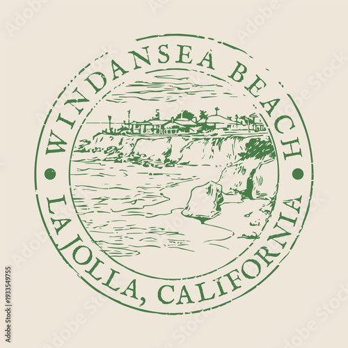 Vintage Windansea Beach California badge featuring the historic surf shack and rugged sandstone cliffs.