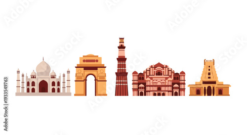 Five famous Indian landmarks, including the Taj Mahal and India Gate, rendered in a simple flat cartoon style, on a white background.
