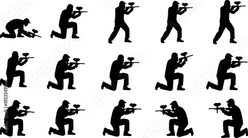 Paintball player silhouette vector illustration, action shooting poses set, tactical sport figures, black combat icons collection for training, games, branding