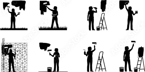 Painter silhouettes working with rollers and brushes, house wall painting scenes, renovation and maintenance concepts, black vector illustration isolated on white