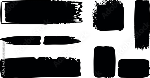 Brush stroke vector set of ink banners and grunge rectangles isolated on white background with rough edges and texture streaks