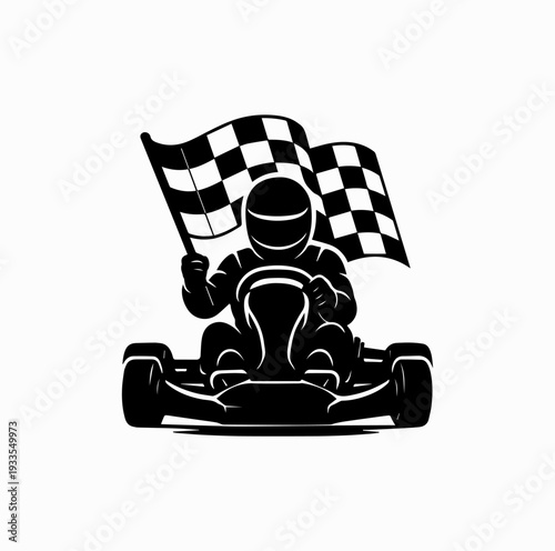 Go Kart Racing Driver with Checkered Flag Silhouette Vector