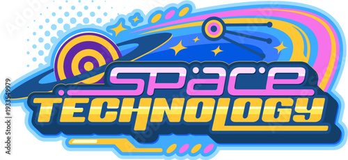 Space technology and astronomy Y2K retro icon or badge. Galaxy exploration funky vector emblem, space travel symbol. Cosmos discovery Y2K sign with satellite, planet and futuristic colorful typography