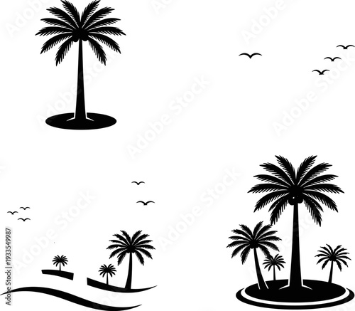 Palm tree silhouettes with flying birds, tropical island nature elements, minimalist black beach scenery set, summer travel concept vector illustration