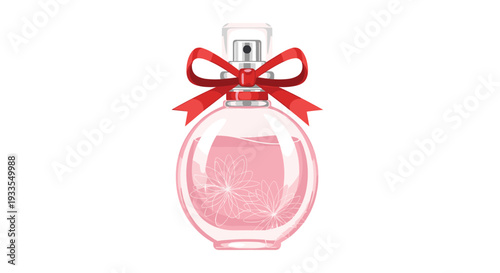 A round pink perfume bottle with a red ribbon tied around its neck and delicate white flower patterns inside is presented on a white background.