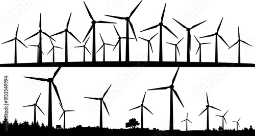 Panoramic silhouettes of large wind farm and turbine fields on horizon borders with trees, representing renewable energy and ecological environment vector illustration set