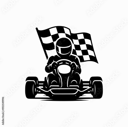 Go Kart Racing Driver with Checkered Flag Silhouette Vector