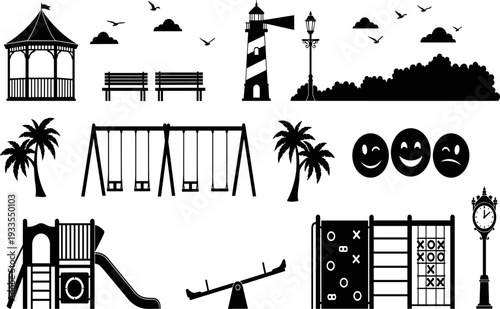 Park and Playground Equipment Black Silhouettes Set, Gazebo, Swings, Slide, Lighthouse, Benches and Trees Vector Illustration Collection, Outdoor Fun Graphic