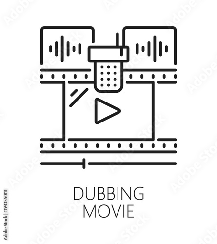 Movie dobbing sound record line icon or label. Audio recording studio outline icon, voice dubbing production vector pictogram. Sound and music mixing symbol with microphone and movie video tape