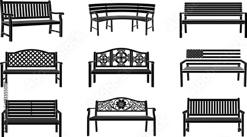 Park bench silhouettes vector set, outdoor garden seating furniture collection illustration, black metal wooden bench designs for urban park landscape decor