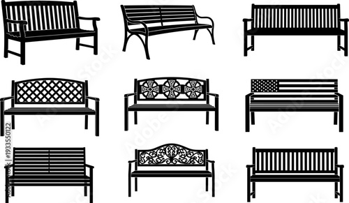 Park bench silhouettes collection, outdoor garden seating furniture vector illustration, classic and modern public benches designs, urban landscape decor elements