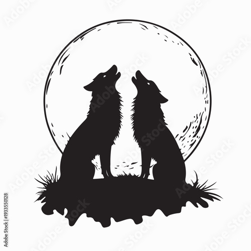 Night Scene Wolves Howling at Full Moon Vector Design On White Background