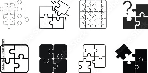 Puzzle piece icon set, jigsaw puzzle parts, connecting jigsaw puzzle, jigsaw puzzle Vector, Puzzle icon set, thin line icons, editable stroke, puzzle game illustration Simple icon puzzle pieces set.