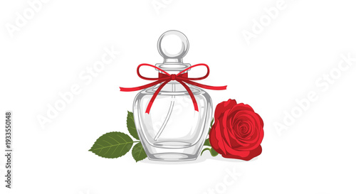 A clear glass perfume bottle with a red ribbon tied around its neck rests beside a vibrant red rose and a green leaf on a white background.