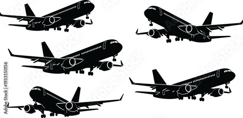Passenger airplane silhouettes set, commercial jet aircraft in flight and landing poses, black vector illustration for aviation, travel, airline, transportation design