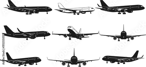 Passenger airplane silhouettes collection, commercial jet aircraft in different flight and landing angles, black vector illustration set for aviation, travel, transport, logistics, design