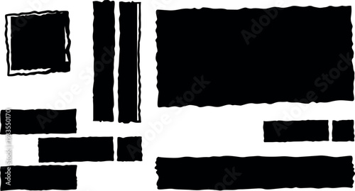 Grunge vector torn paper frames and ripped strips set black silhouettes close up collage layout high contrast flat style isolated