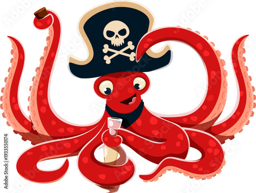 Cartoon pirate octopus in captain's hat with skull patch, opening message bottle. Cute funny vector character with sea charm for kids prints, baby fashion graphics, or playful nautical designs
