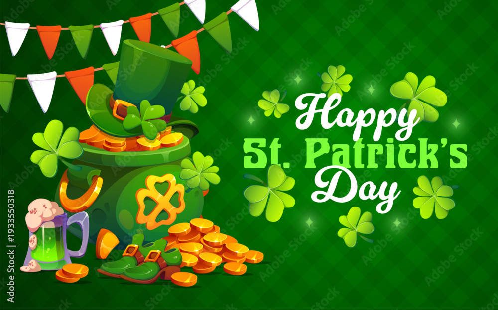 Fototapeta premium Happy St Patrick day greetings card with green pot of gold, leprechaun hat, boots, shamrocks, gold coins and beer mug. Festive bunting and lucky clovers enhance the cheerful Irish celebration vibe