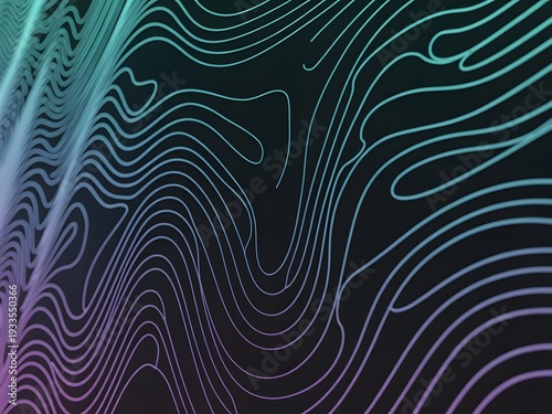 A vibrant abstract topographic map with glowing purple and blue lines on a dark background