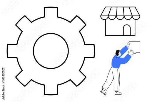 Business processes. Gear s operations, storefront for retail, and person with box for logistics and delivery. Business processes link operations, logistics, and customer service. Great for retail