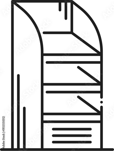 Exhibition promo shelf stand display line icon or pictogram. Retail promo stand display thin line symbol, outdoor promo box linear vector pictogram. Exhibition presentation shelf lineart icon or sign