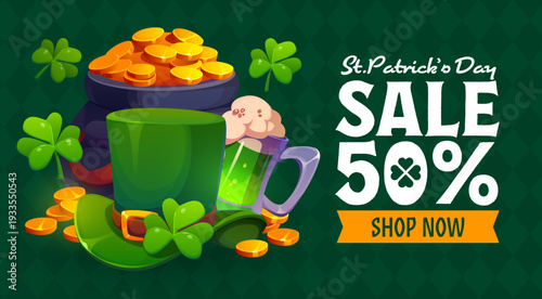 Happy St Patrick s day sale banner. Spring season holiday shop discount vector flyer. Saint Patrick day sale or price drop offer banner with leprechaun green hat, clover, beer and pot full of coins