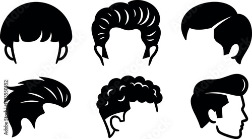 Flat design vector hair icon set six male hairstyles front and side views black silhouette minimal barber styling retro pompadour