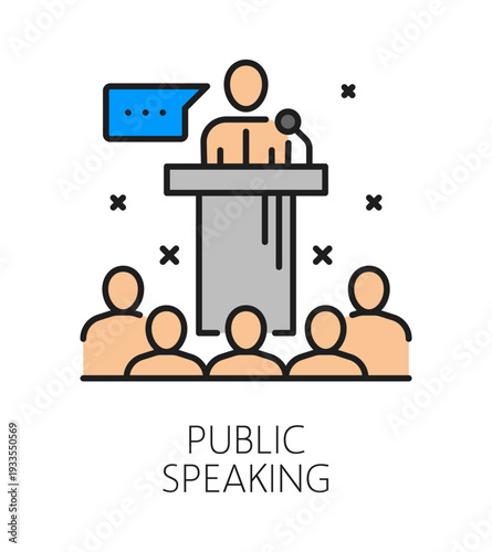Public speaking life skill color line icon or sign. Person public speaking ability outline vector sign, personality life skill thin line symbol. Human quality icon with person speaking to audience