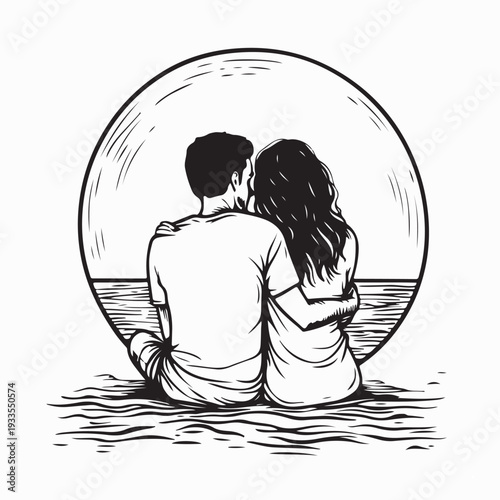 Romantic Couple Embracing by the Sea Under Full Moon Vector Art