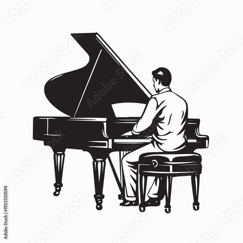 Classical Pianist Performing on Grand Piano Vector On White Background