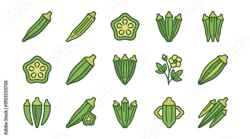 Set of flat outline ladyfinger vector icons isolated on white background, showing whole green pods, cross sections with seeds, and growing plants for healthy diet and nutrition.