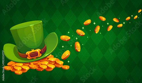 Happy St Patrick Day poster with cartoon irish holiday leprechaun green hat and lucky gold coins. St Patrick Day vector greeting card of leprechaun treasure gold money with shamrock clover symbols