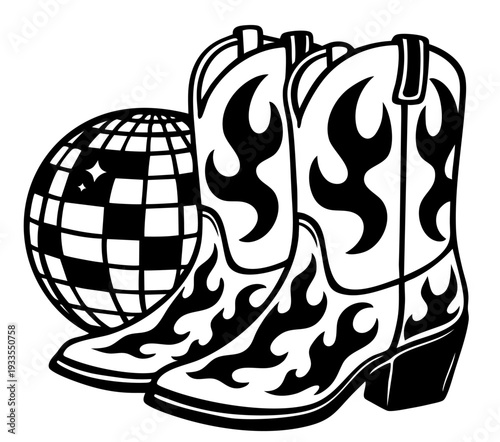 Disco Cowgirl Western Boots with Mirror Ball, Country Rodeo Party, Retro 70s