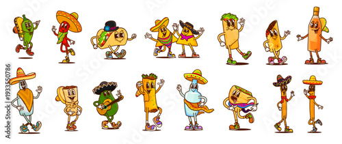 Cartoon cheerful groovy mexican cuisine characters with sombrero hats and guitars, vector tex mex food and drinks. Funky groovy taco, burrito and pepper. Cute mexican tequila bottle, nachos, avocado