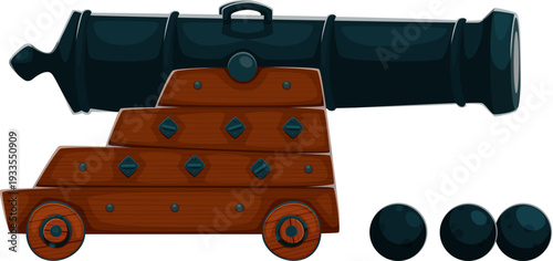 Cartoon pirate cannon on a wooden base with cannonballs. Vector artillery piece with vintage details and wooden wheels for children's games, pirate story illustrations, or pirate party decorations