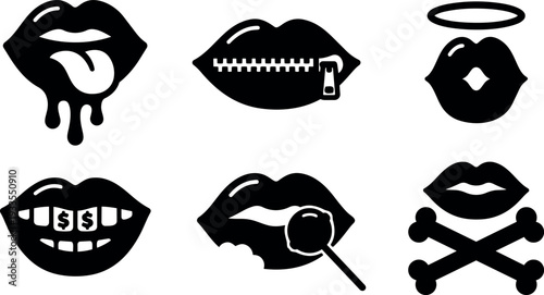 Flat design minimalist set of six lip icons including dripping tongue zipped lips halo kiss dollar grill lollipop and crossbones