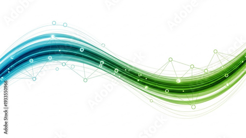 Dynamic digital wave pattern with interconnected network points and a harmonious green and blue gradient blend