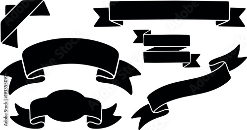 Flat design collection of black ribbon banners and folded corner ribbons isolated on white background vector curved long decorative silhouettes