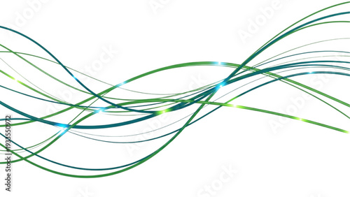 Abstract flowing lines with vibrant green and blue streaks on a white background