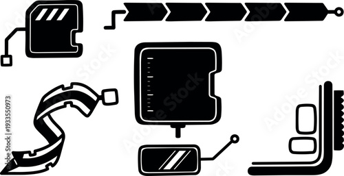 Flat design close up car safety system icons showing airbag seatbelt curtain and headrest in black silhouette side module diagram