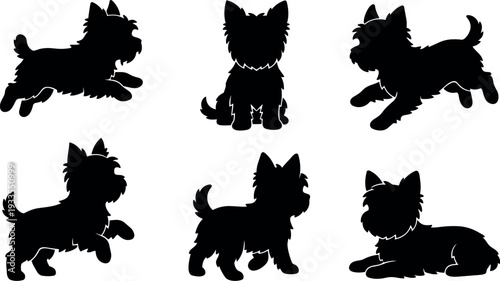 Silhouette vector set of six playful terrier dog poses in running sitting jumping and resting views on white background collection