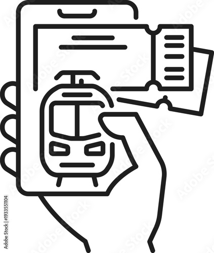 Train or tram ticket booking application line icon. Public transport mobile phone application thin line vector pictogram. Railway ticket buying app outline icon or symbol with smartphone in hand