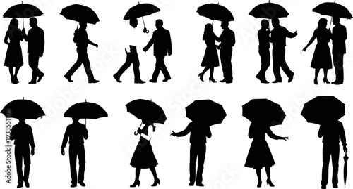People with umbrella silhouette vector collection showing walking, standing, and couple poses, rainy weather lifestyle icons set for city scenes, romance design, and illustration projects