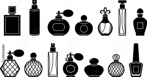 Perfume bottle silhouette vector illustration collection, elegant fragrance containers set, black cosmetic packaging icons for luxury branding, beauty design, packaging, decor projects